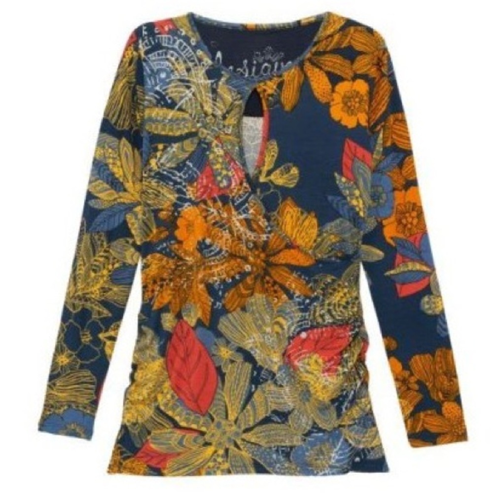 Desigual Multicoloured Floral Faux Wrap Keyhole Long Sleeve Top - Ruched Sides